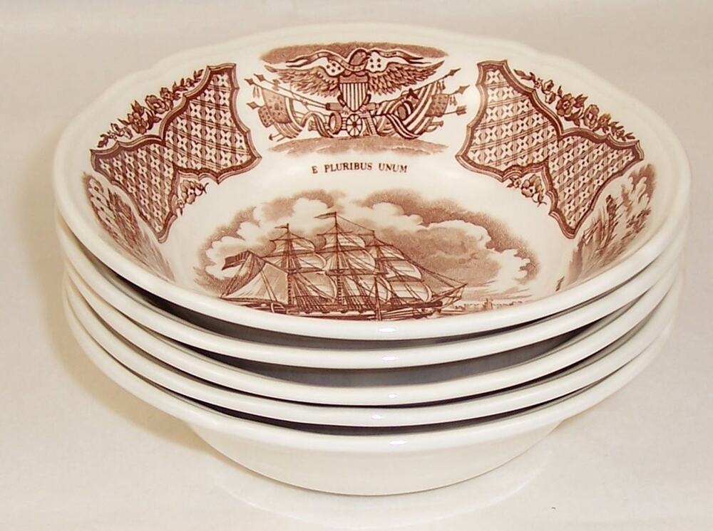 Alfred Meakin Fair Winds Brown Transferware Bowls 5-Pieces USS Portsmouth 5.5"